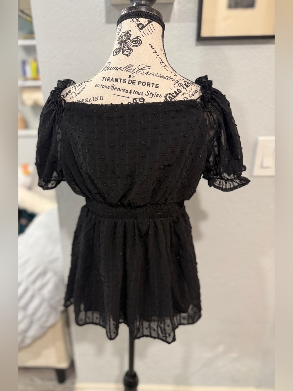 Maacie Black Swiss Dot Maternity Milkmaid Top Short Puff Sleeve Lined Medium M - Picture 6 of 9